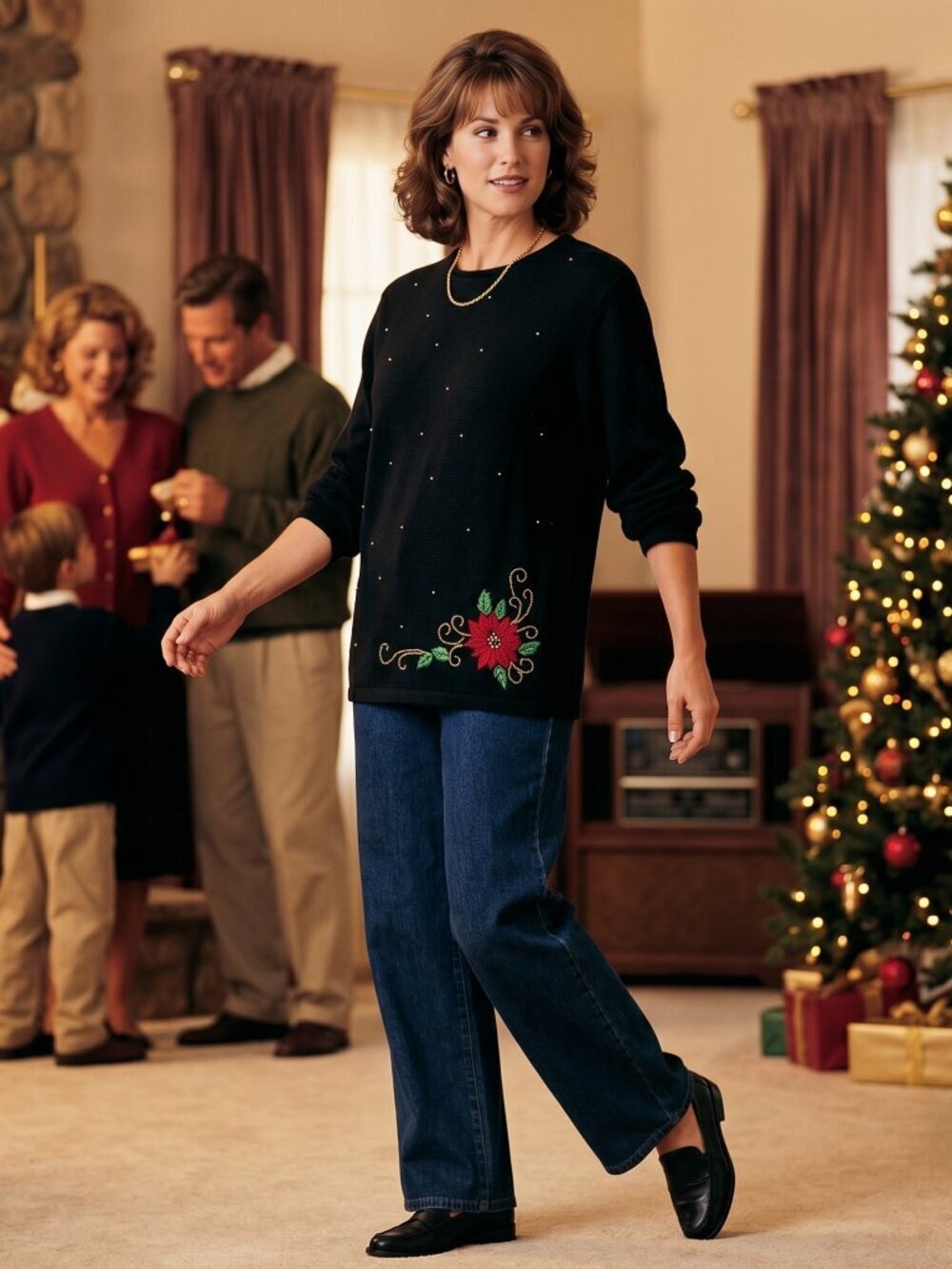 Victoria Jones L Black Velvet Trim Holiday Poinsettia Beaded Sweater Archival